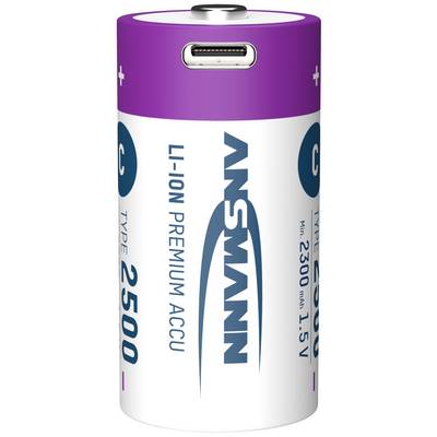 A cylindrical battery with USB port on top, printed in purple and white with 'LI-ION PREMIUM BATTERY', Type C, 2500 mAh, 1.5 V.