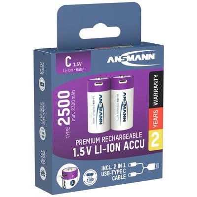 Two rechargeable 1.5V Li-Ion C-size batteries in a blue package with the inscription 'Premium Rechargeable' and '2 Year Warranty'.