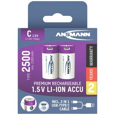 Two rechargeable Ansmann Lithium-Ion C batteries, 2500 mAh. Packaging shows Type-C charging cable. Two-year warranty.