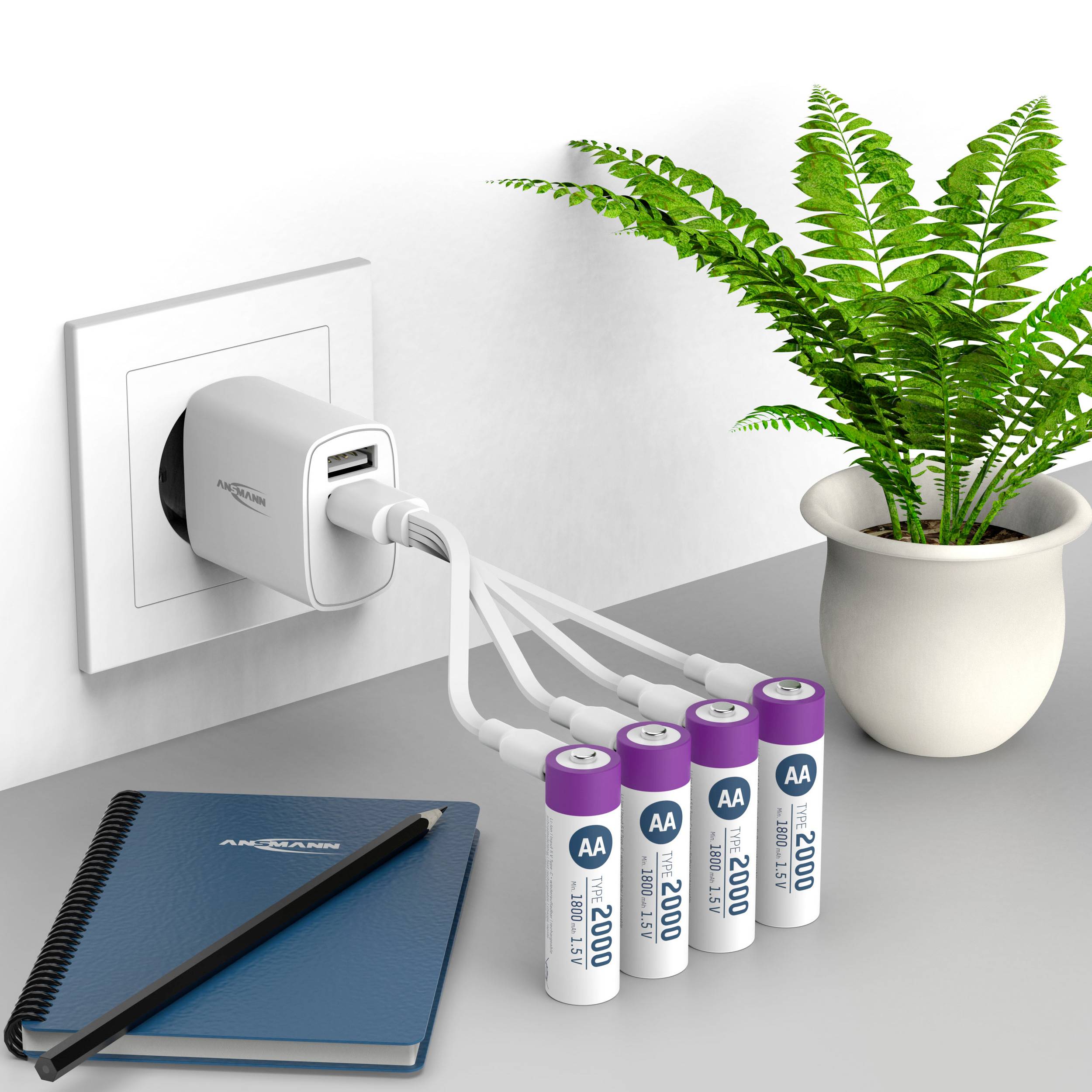 Charger with four rechargeable AA batteries plugged into a socket, next to a notebook and a fern plant in a pot.