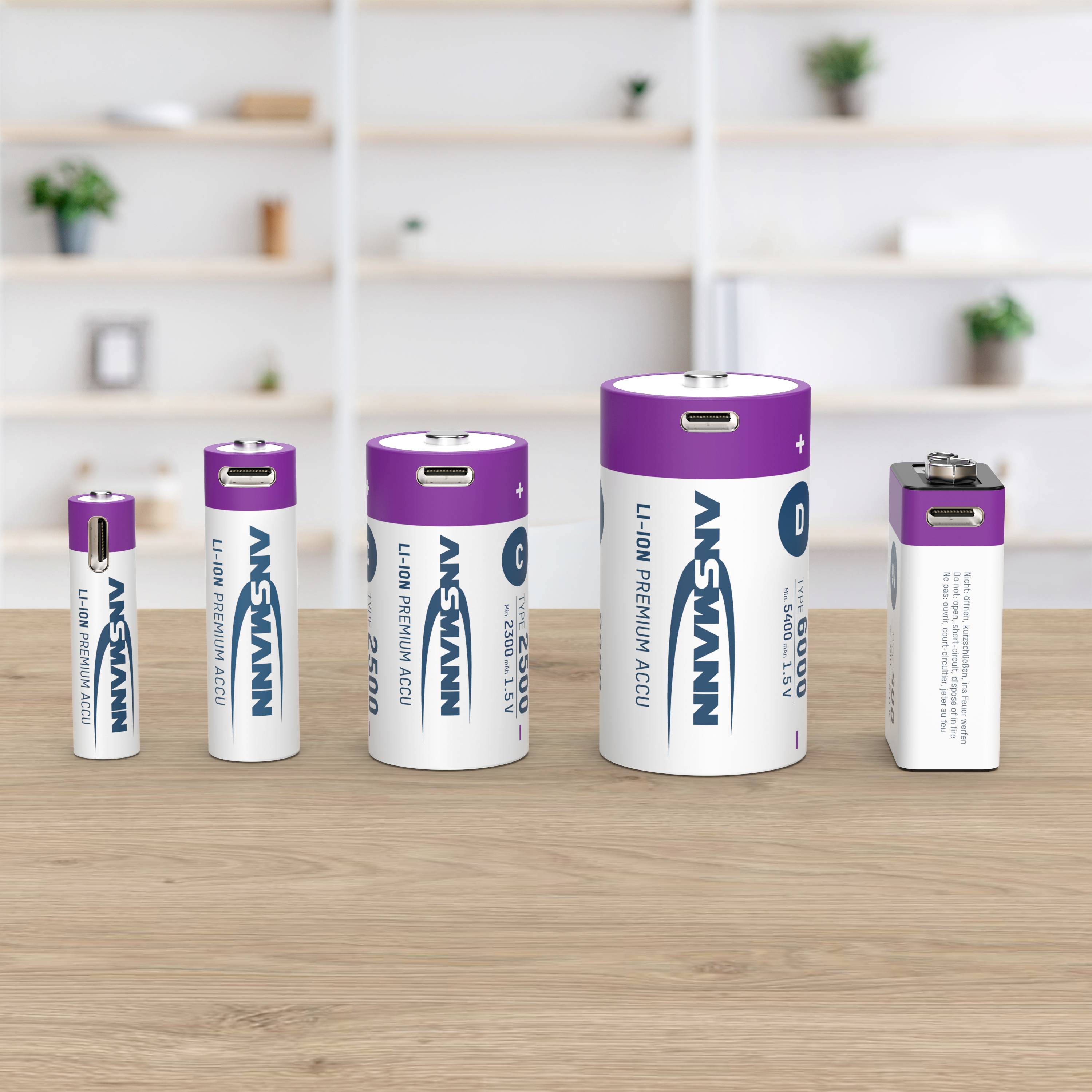 Five batteries of different sizes are sitting on a wooden table. In the background, blurry shelves with plants and decorations can be seen.