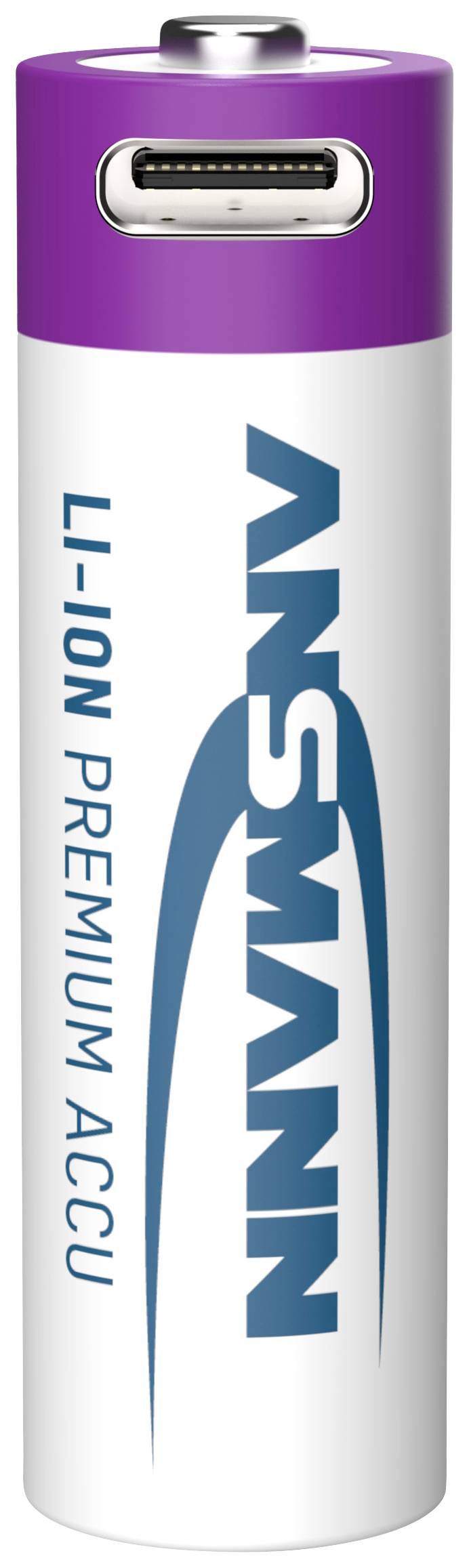 AA-sized rechargeable battery with USB-C connection at the top. Printed with 'ANSMANN' and 'LI-ION PREMIUM ACCU'.