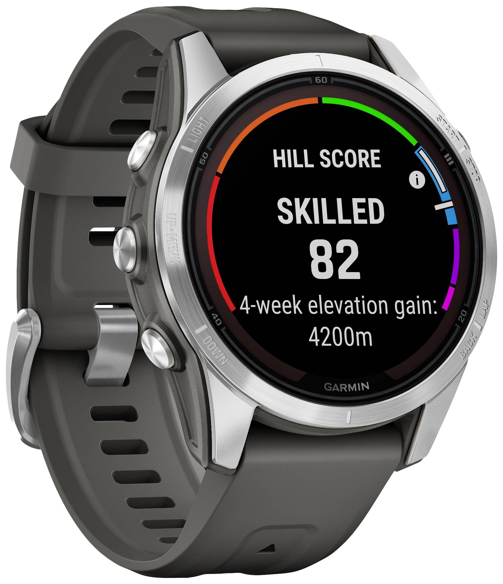 Silver smartwatch with a black display, showing 'Hill Score SKILLED 82' and '4-week elevation gain: 4200m'.