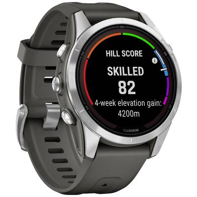 Silver smartwatch with a black display, showing 'Hill Score SKILLED 82' and '4-week elevation gain: 4200m'.