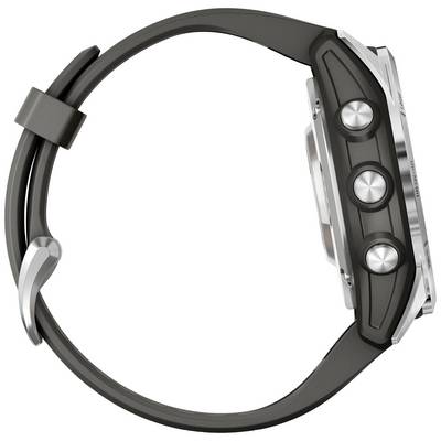 Black wristwatch with three metallic buttons on the side, side view reveals slim design with silver details.