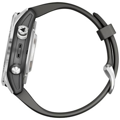 Side view of a modern wristwatch with a black strap and silver casing. Watch displays no numerals or hands.
