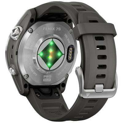A smartwatch with a robust casing and sensory back panel displays green LED lights. Suitable for outdoor activities and fitness.