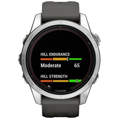Smartwatch screen displays: 'Hill Endurance - Moderate' with a value of 65 and bar graphs for endurance and strength.