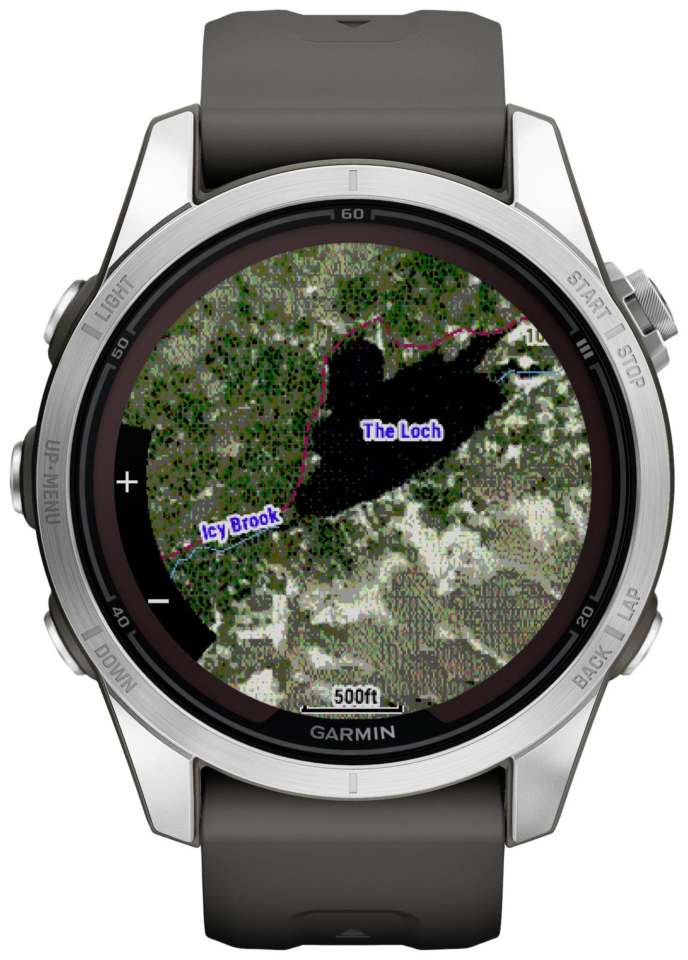 A smartwatch displays a topographical map with a marked route. Locations such as 'Icy Brook' and 'The Loch' are highlighted.