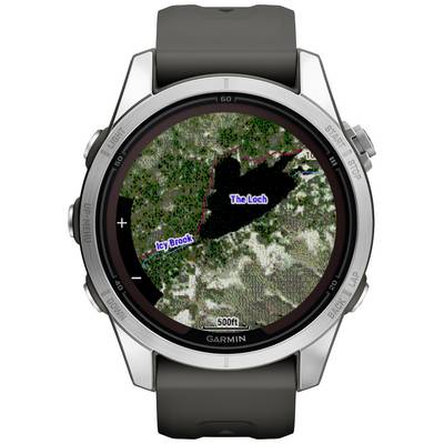 A smartwatch displays a topographical map with a marked route. Locations such as 'Icy Brook' and 'The Loch' are highlighted.