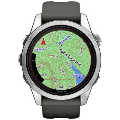 Smartwatch displaying a topographical map, showing 'Glacier Gorge Trail' with contour lines and locations such as 'Mills Lake'. Arrow in top left corner.