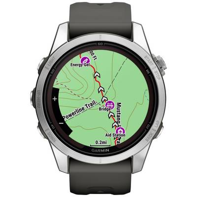 Smartwatch GPS display shows a hiking route with checkpoints: bridge, refreshment station, energy point. Distance: 0.2 miles.