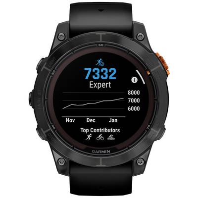 Black smartwatch shows '7332 Expert', bar graph from November to January. Top Contributors icons: Runner, Cyclist, Swimmer.
