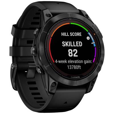 Black smartwatch with round display shows 'Hill Score Skilled 82' and '4-week elevation gain: 13,780ft'. Suitable for athletes.