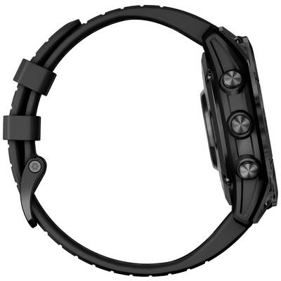 Black wristwatch viewed from the side, showing the case and control buttons.