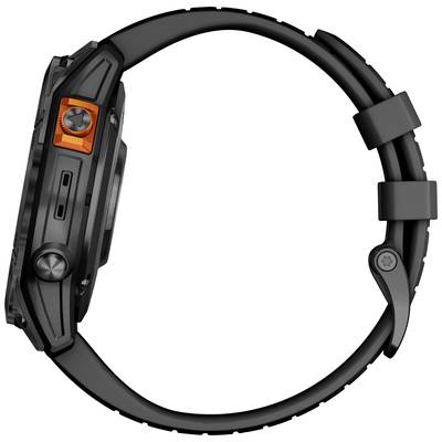 Side view of a robust wristwatch with a black case and orange button.