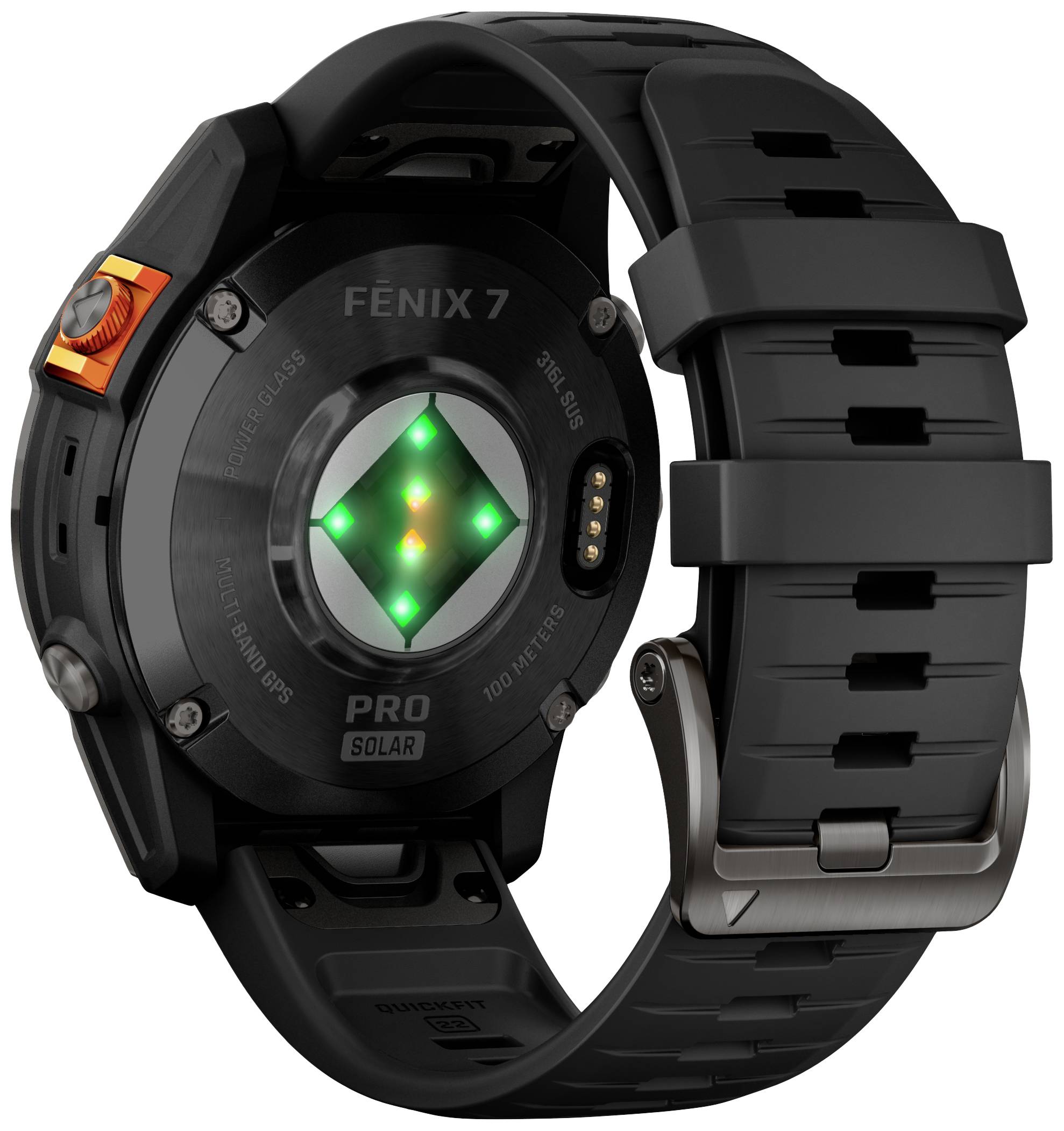 Black smartwatch back with green sensor lights, model name 'Fenix 7'. Robust design with black strap.