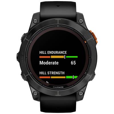 Smartwatch screen displays 'Hill Endurance: Moderate' with a value of 65 and 'Hill Strength' with a graphic bar. A fitness tracker.