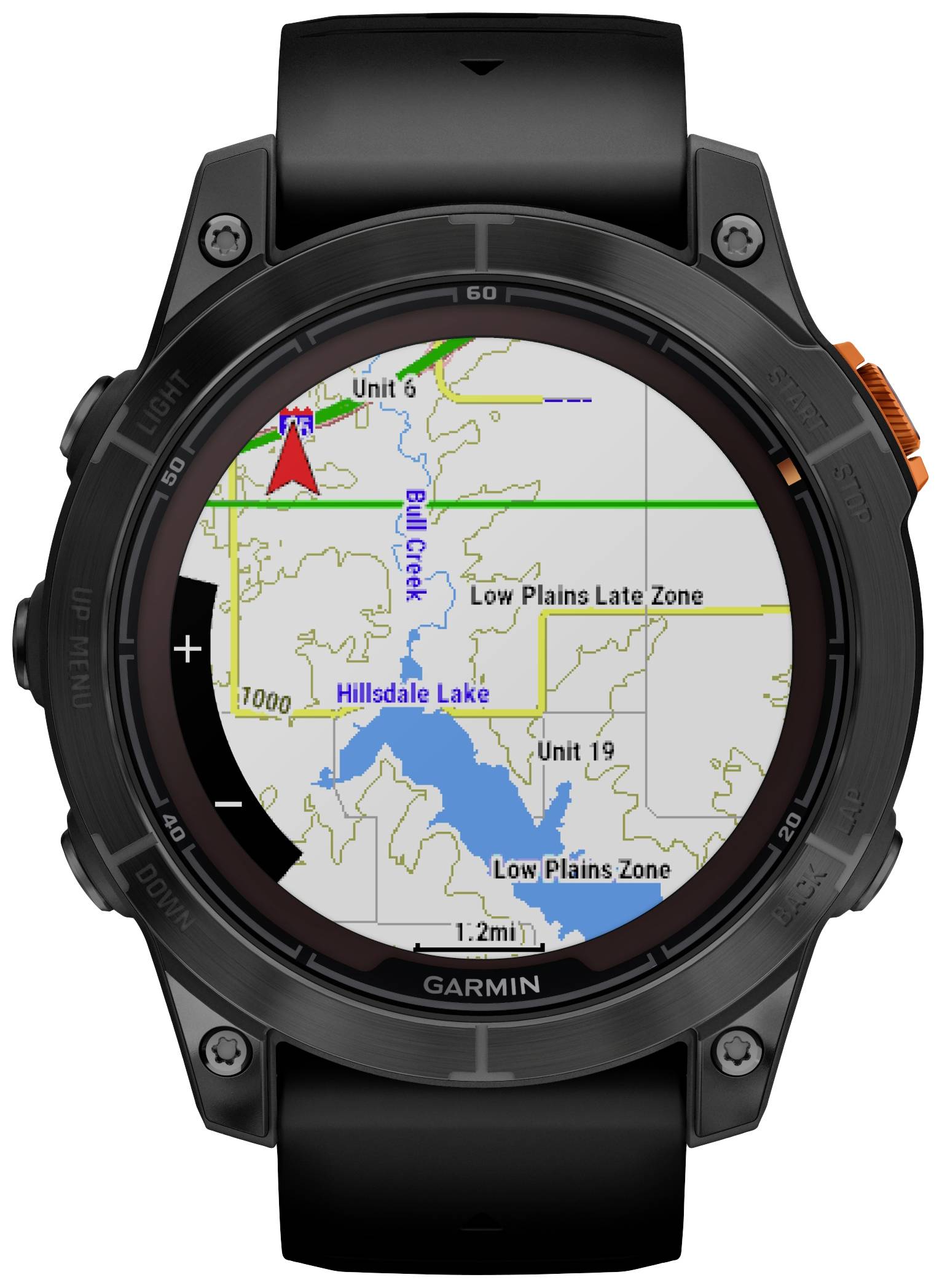 A smartwatch displays a topographical map with contour lines, 'Hillsdale Lake', and marked zones. A red arrow indicates the navigation direction.