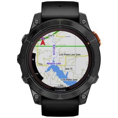 A smartwatch displays a topographical map with contour lines, 'Hillsdale Lake', and marked zones. A red arrow indicates the navigation direction.