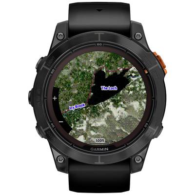 A smartwatch displays a map with a marked hiking trail through the forest. Markers: 'Icy Brook' and 'The Loch'.