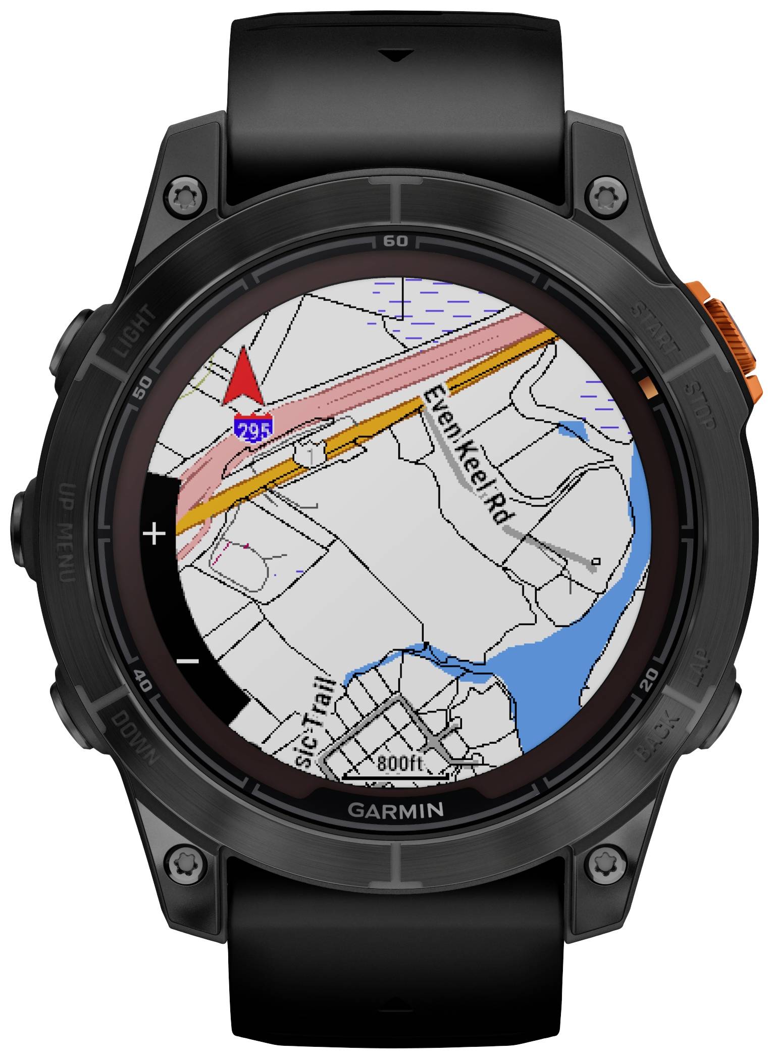 Digital map on a smartwatch showing roads, waterways, and red markings. The street name 'Eleven Keel Rd' is visible.