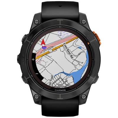 Digital map on a smartwatch showing roads, waterways, and red markings. The street name 'Eleven Keel Rd' is visible.