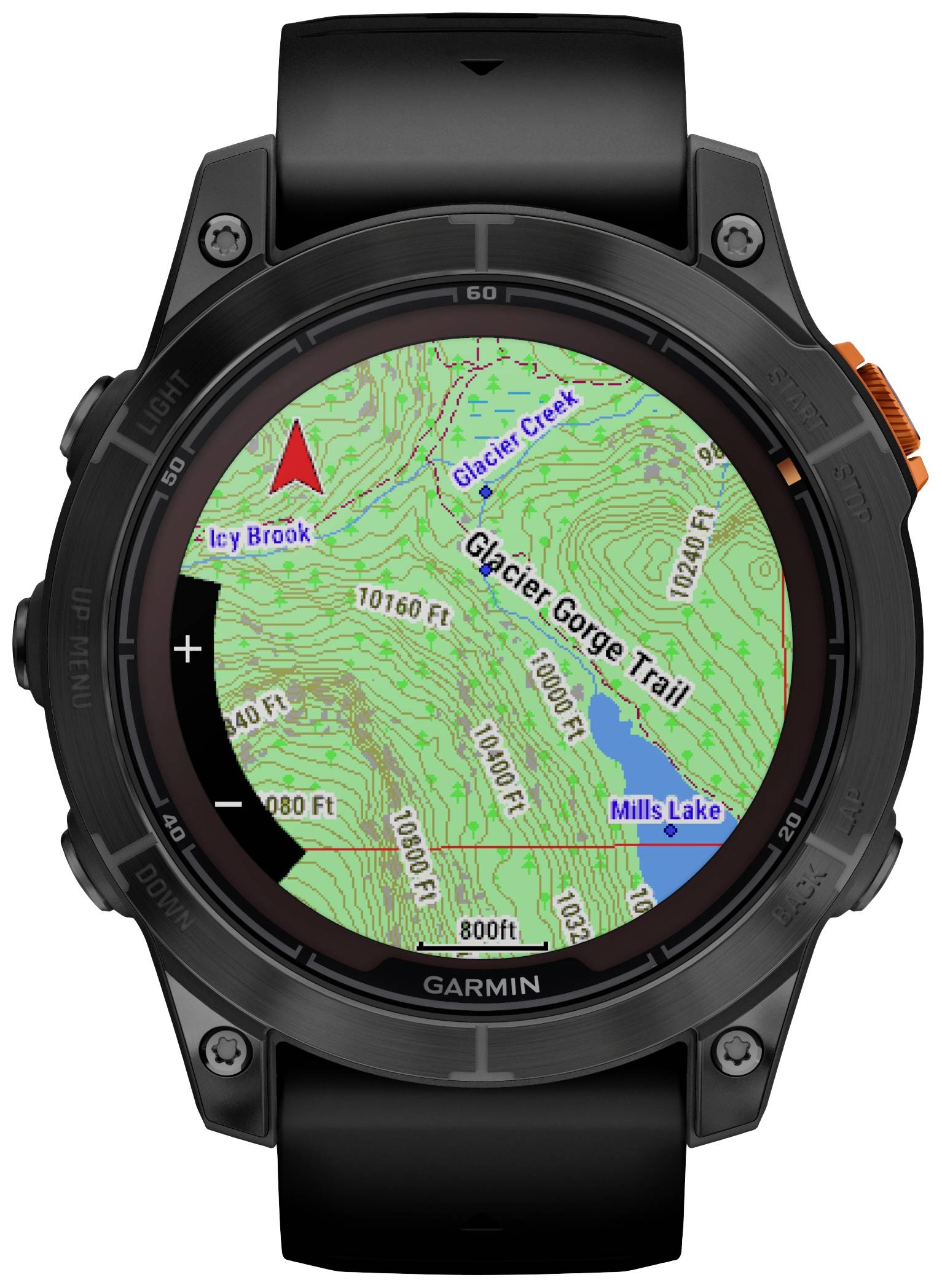 A watch with GPS mapping shows hiking trails, contour lines, and orientation arrows. The 'Glacier Gorge Trail' and place names like 'Glacier Creek' are visible.
