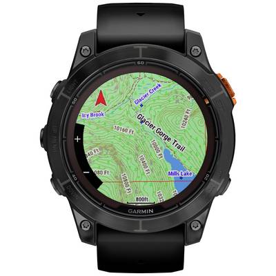 A watch with GPS mapping shows hiking trails, contour lines, and orientation arrows. The 'Glacier Gorge Trail' and place names like 'Glacier Creek' are visible.