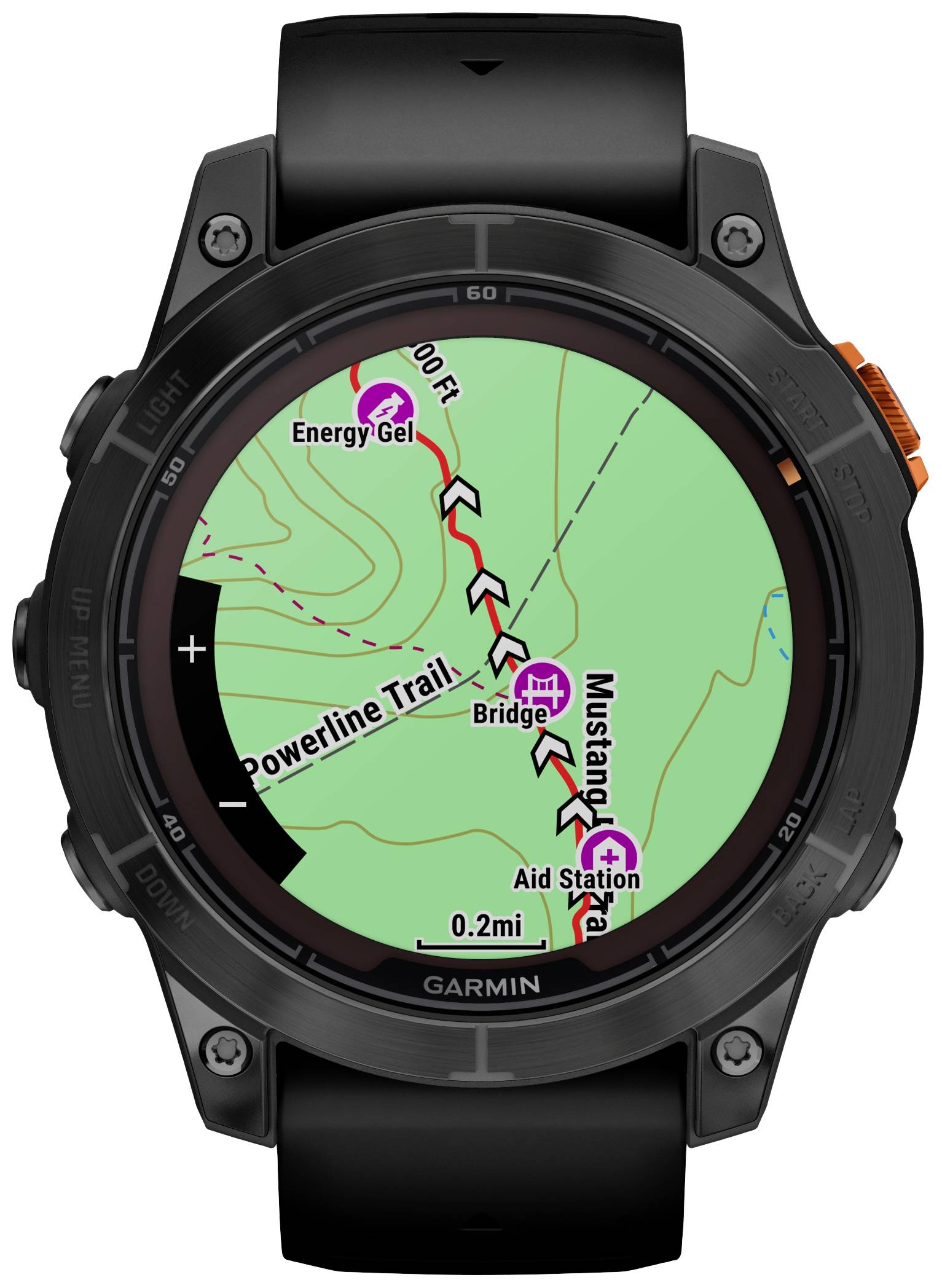 A smartwatch displays a map with a route. Important points marked include 'Energy Gel', 'Bridge' and 'Aid Station'.