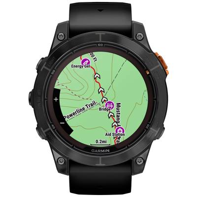 A smartwatch displays a map with a route. Important points marked include 'Energy Gel', 'Bridge' and 'Aid Station'.