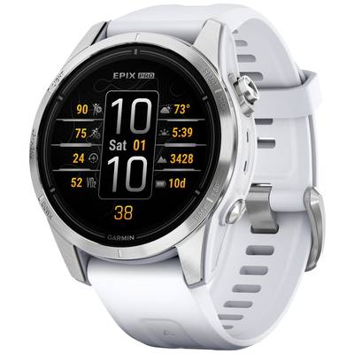 A silver sports watch with a white strap displays time, date, steps, and heart rate. The weather display shows 73 degrees.