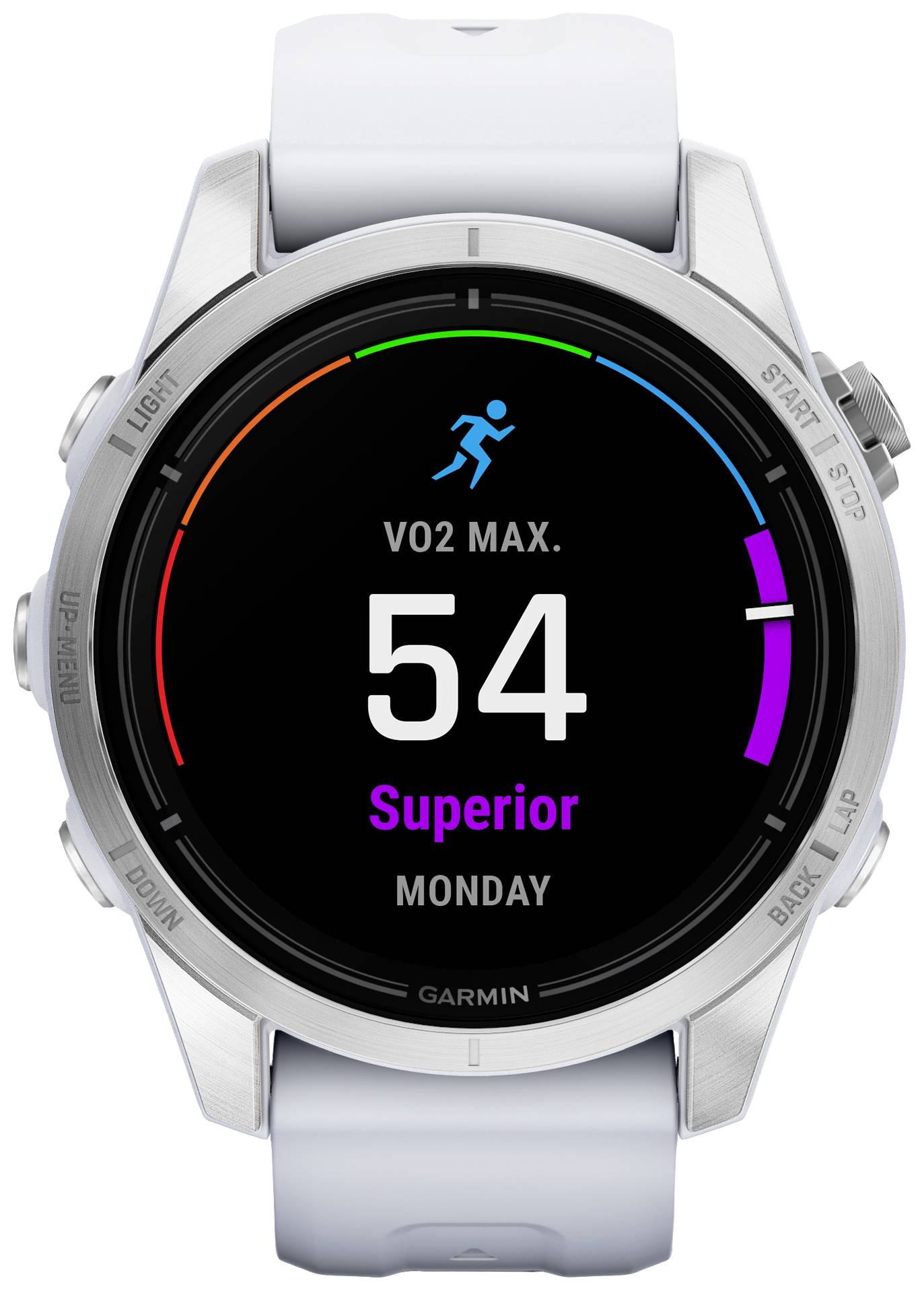 Smartwatch displays 'VO2 MAX.' with value 54 and rating 'Superior', underneath the day of the week 'Monday'.