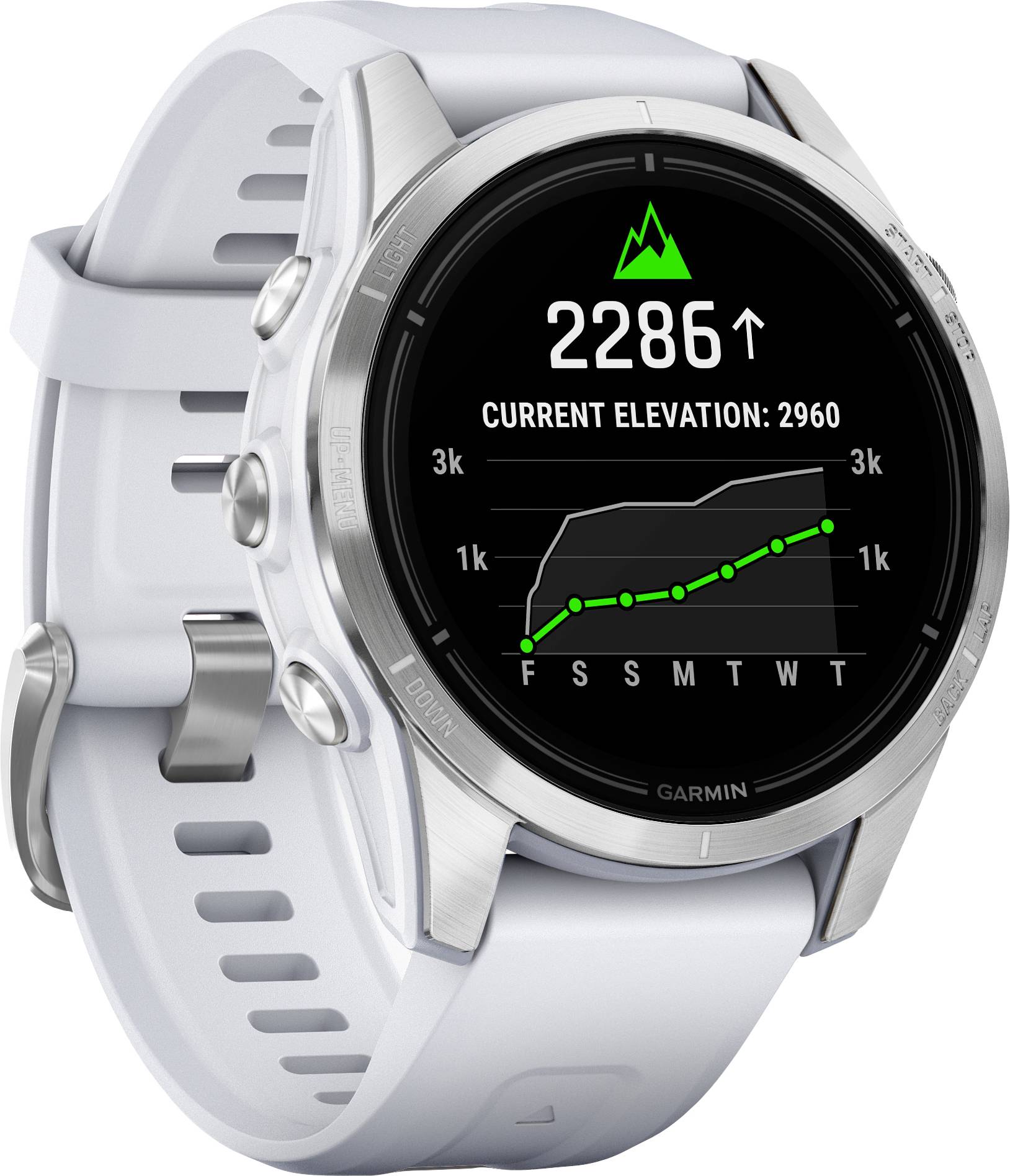 Silver smartwatch displays an altitude indicator with a weekly progression diagram. The current elevation is 2,286 metres.