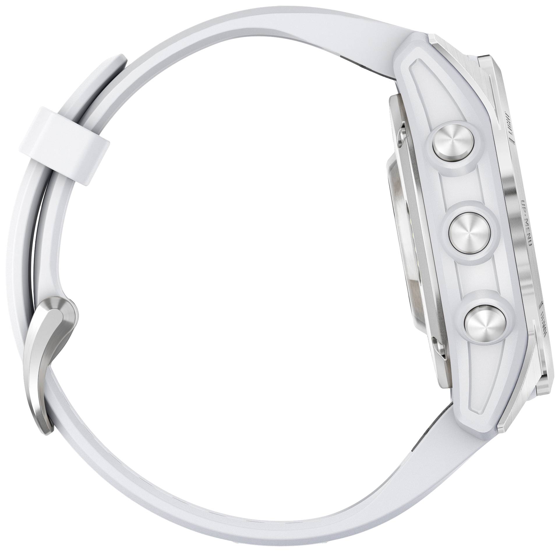 A silver watch with three buttons on the side, the case is made of metal and the strap is white. The watch is shown from a side view.