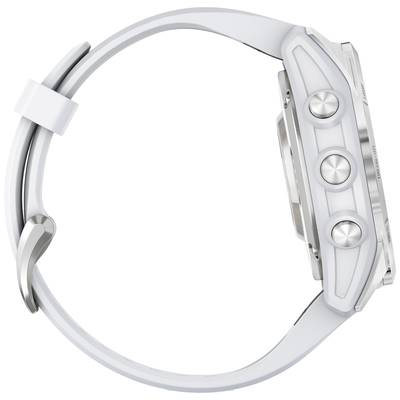 A silver watch with three buttons on the side, the case is made of metal and the strap is white. The watch is shown from a side view.