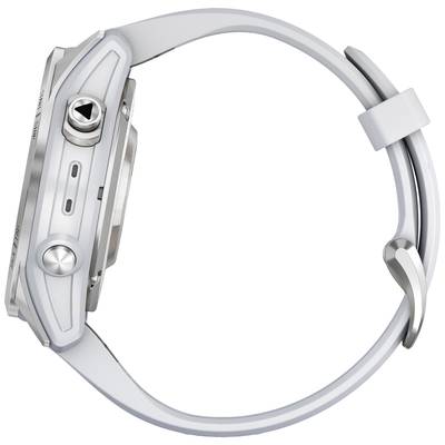 A silver wristwatch with a white strap, shown from the side. It displays dials and pushers on the side of the watch case.