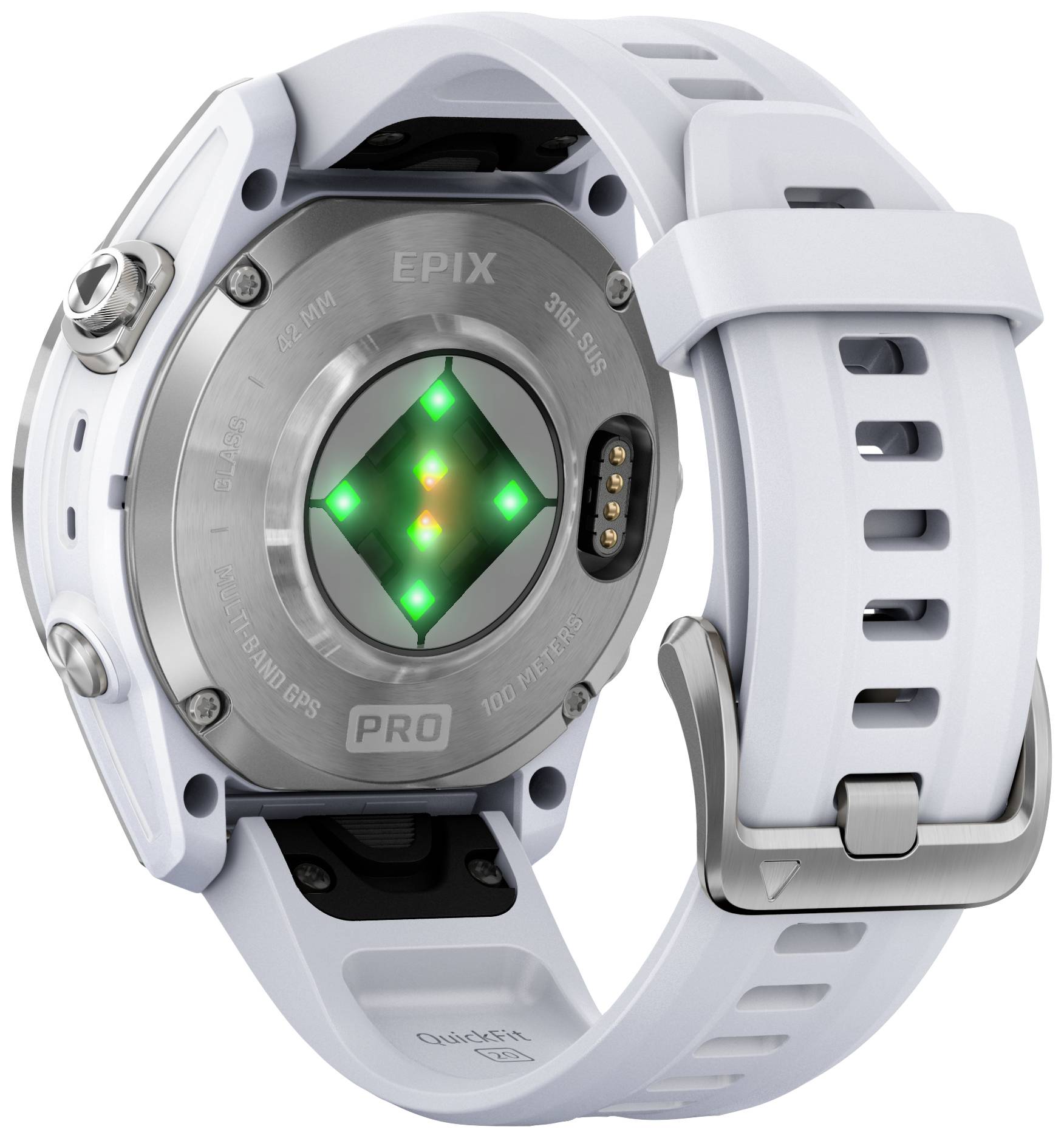 Rear view of a sports watch with a circular sensor glowing green. Strap in white.