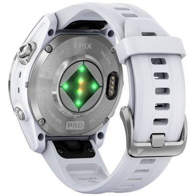 Rear view of a sports watch with a circular sensor glowing green. Strap in white.