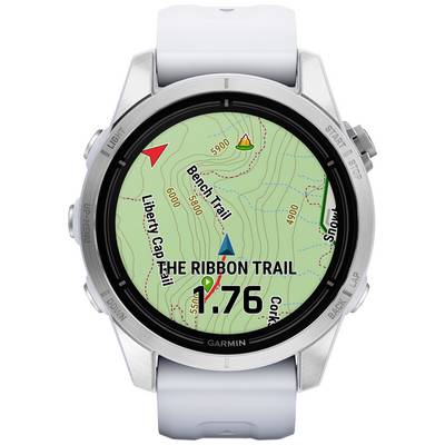 A GPS watch displays a map with a marked route. Distance indicator: '1.76'. Contour lines and directions are visible.