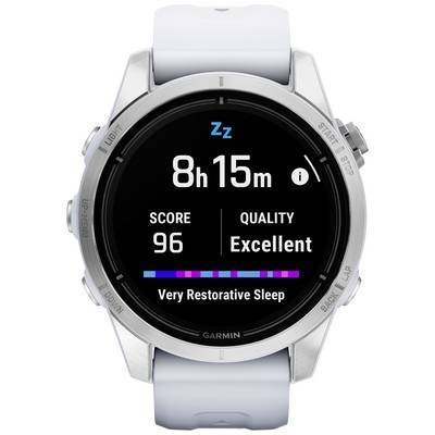 Garmin smartwatch shows sleep data: 8 hours, 15 minutes of sleep time, sleep score 96, sleep quality 'Excellent', very restorative sleep.