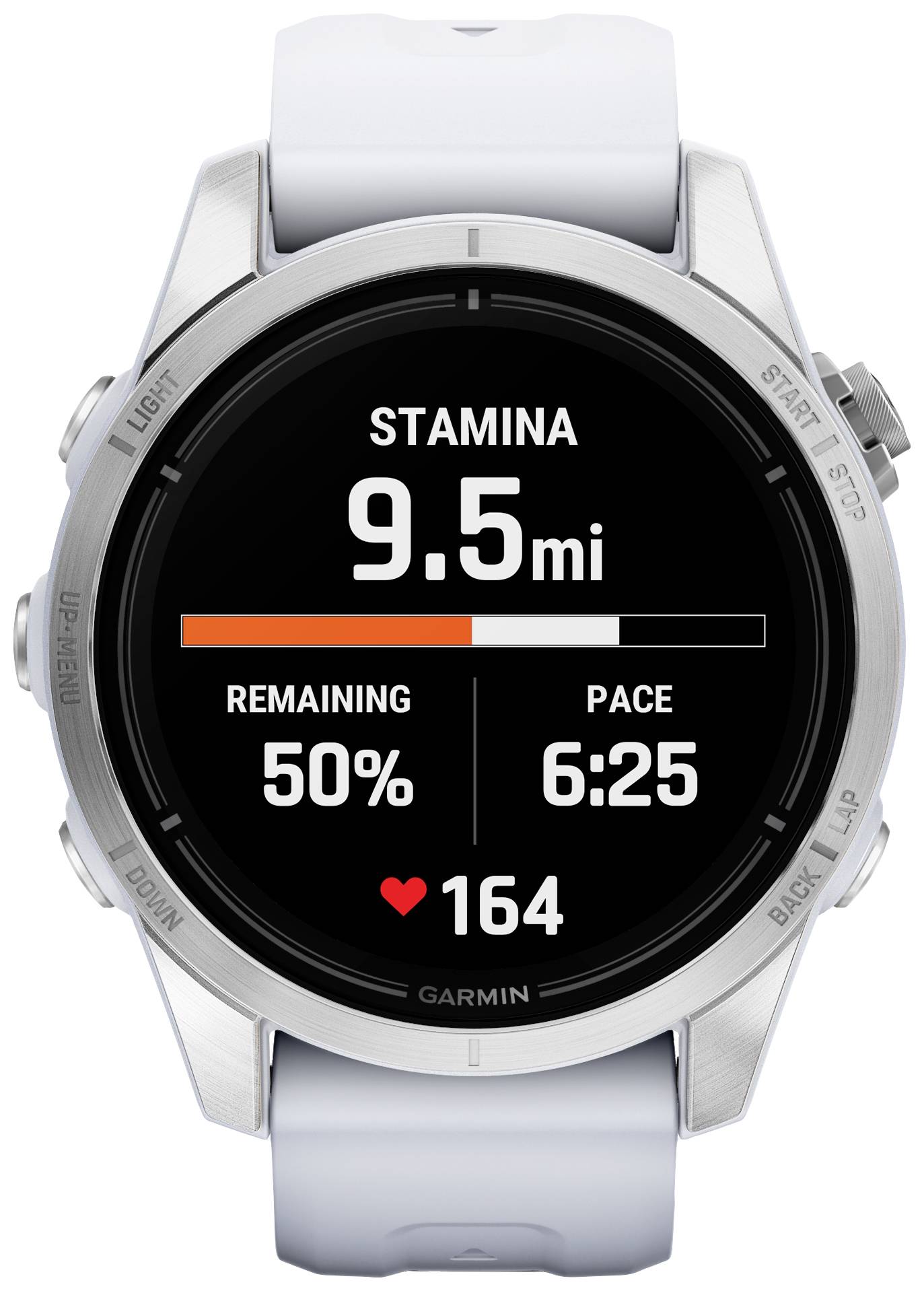 A smartwatch displays 'Stamina 9.5 mi', remaining energy '50%', average pace '6:25' and a heart rate of '164'.
