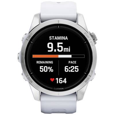 A smartwatch displays 'Stamina 9.5 mi', remaining energy '50%', average pace '6:25' and a heart rate of '164'.