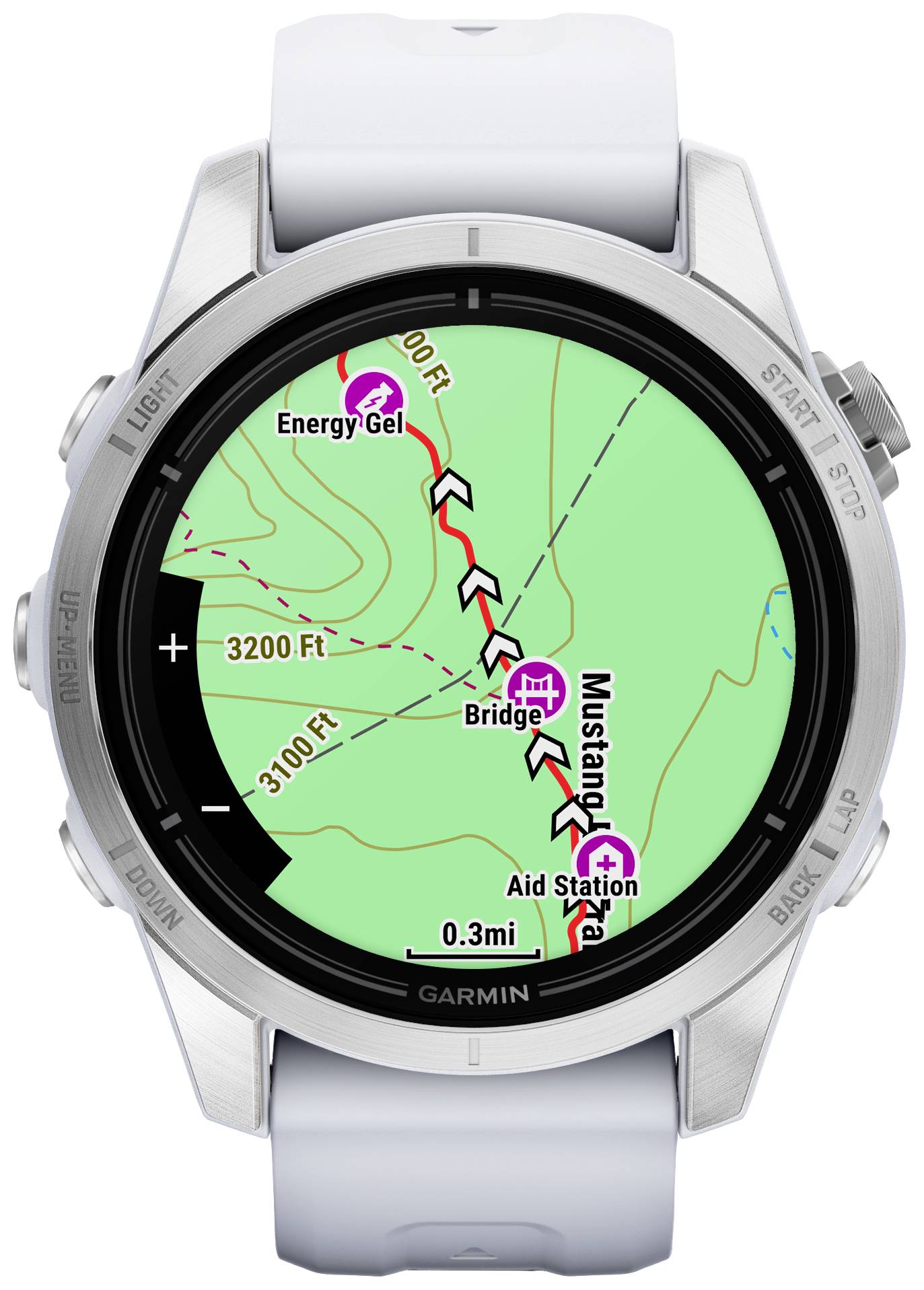 Map on a smartwatch displays a running route with waymarking, energy gel, and aid station in green countryside.