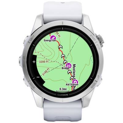 Map on a smartwatch displays a running route with waymarking, energy gel, and aid station in green countryside.