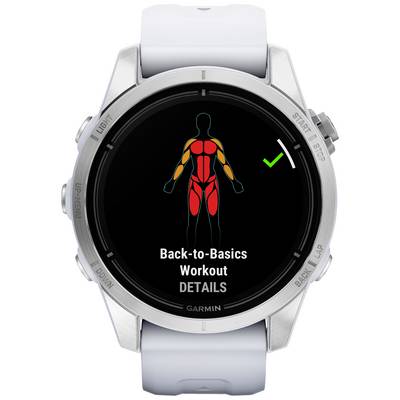 Smartwatch display showing muscle groups highlighted in colour. Text: 'Back-to-Basics Workout'. A green tick is visible.