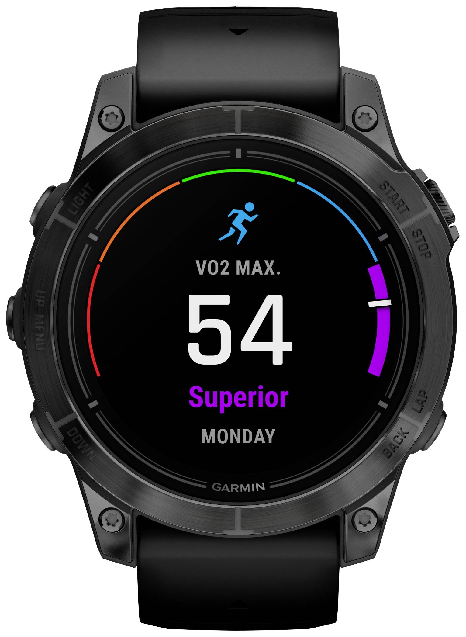 Black sports watch displaying 'VO2 Max: 54 Superior'. Symbol of a running person. Shows Monday.