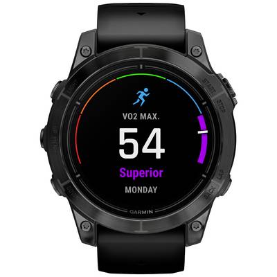 Black sports watch displaying 'VO2 Max: 54 Superior'. Symbol of a running person. Shows Monday.