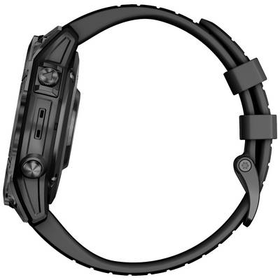 Black, round wristwatch from the side, with two buttons and a smooth strap.