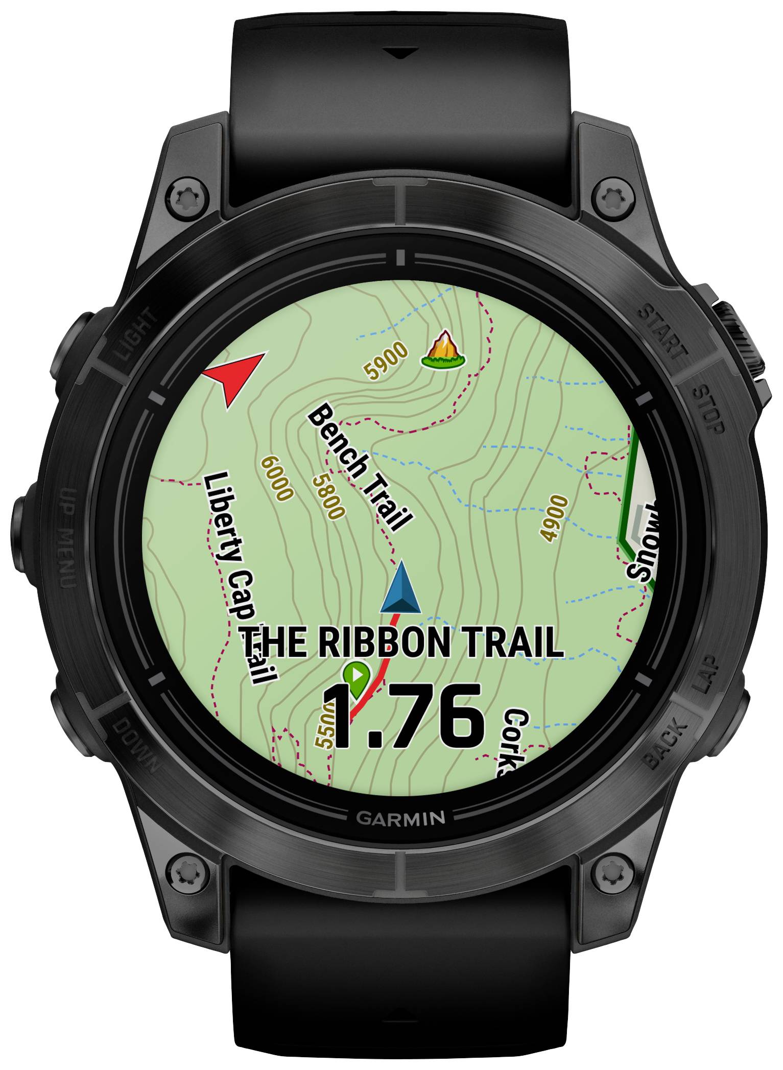 A smartwatch displays a topographical map with contour lines, hiking trails, and waypoints. 'The Ribbon Trail' is highlighted.